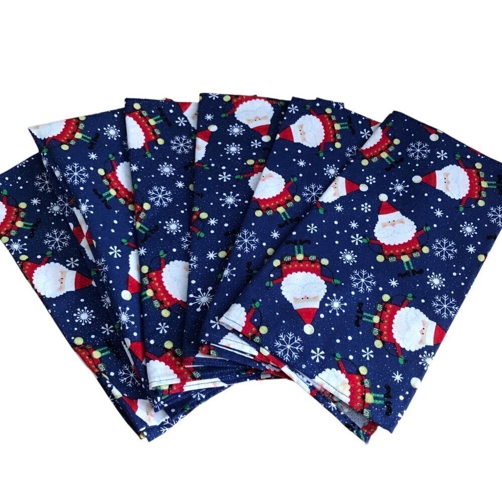 Christmas Holiday Festive Metallic Blue Red Santa Dinner Napkins Lot of 6 - NEW